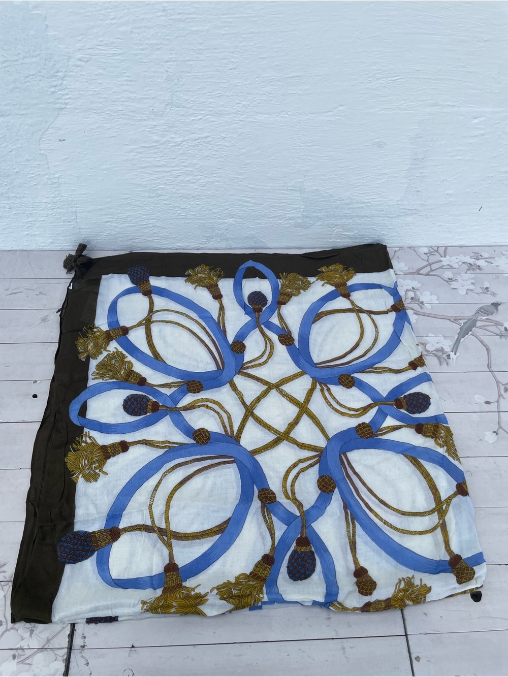 Talbots Blue, White and Brown Silk-Blend Decorative Scarf